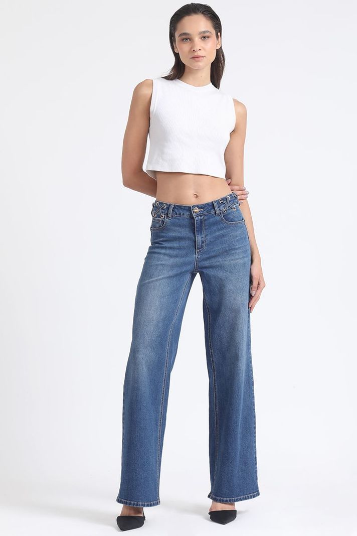 Jeans Straight Push-Up, Ojetillos En Cruz, Azul Liola-4