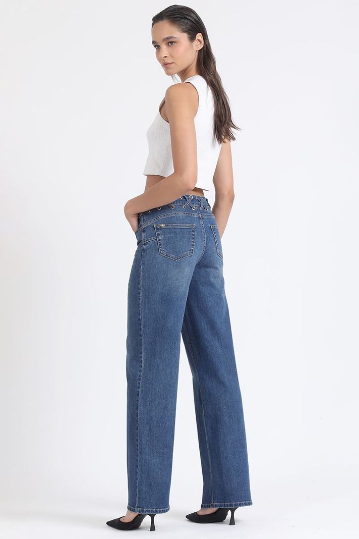 Jeans Straight Push-Up, Ojetillos En Cruz, Azul Liola-5