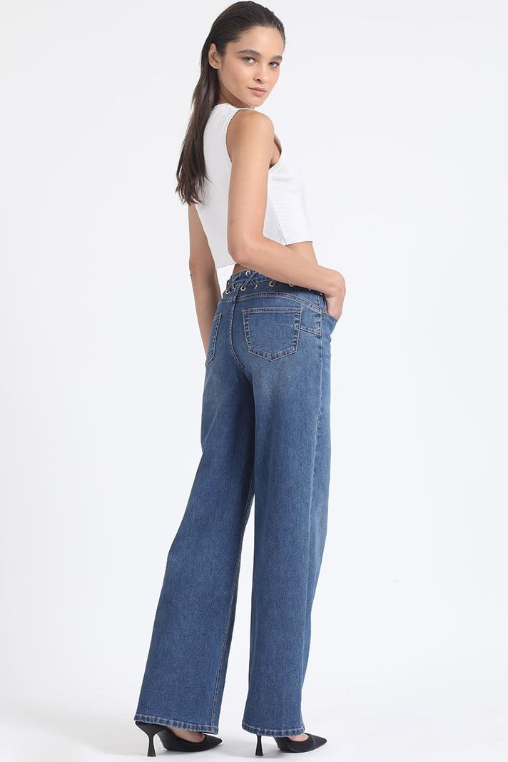 Jeans Straight Push-Up, Ojetillos En Cruz, Azul Liola-6