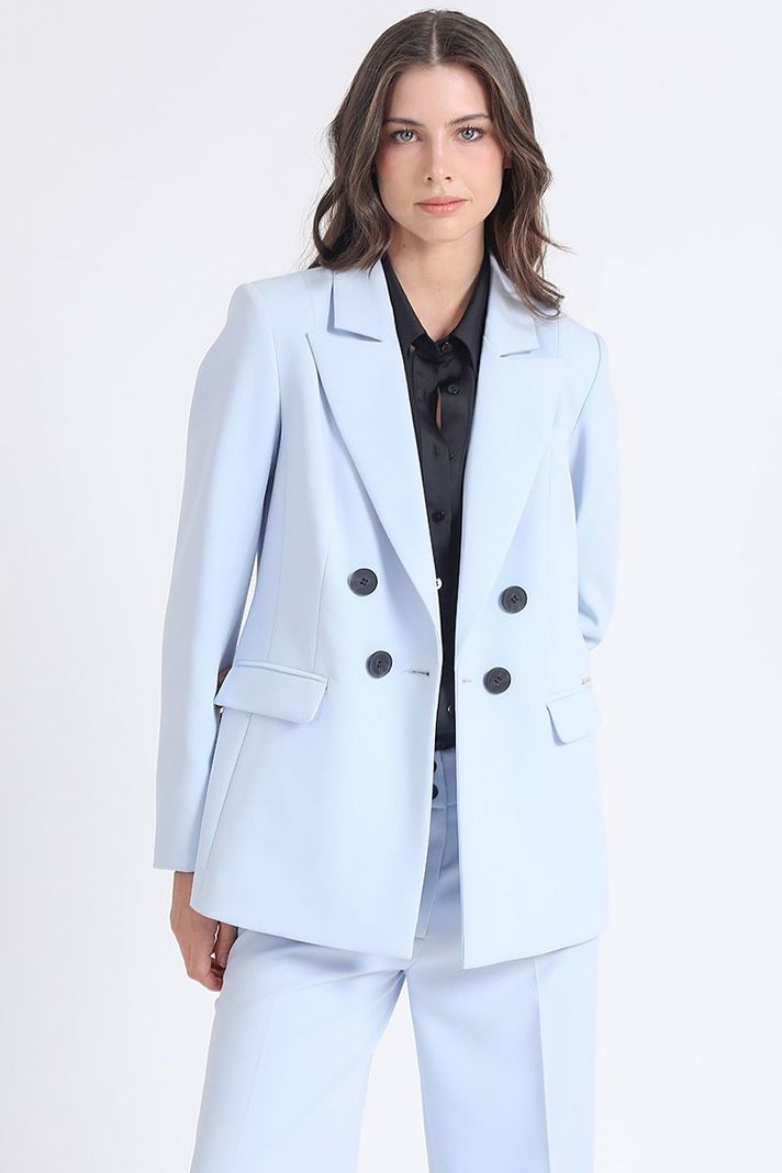 Blazer Entallado Cruzado, Boton Contraste, Celeste Liola-0