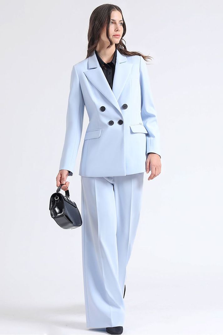 Blazer Entallado Cruzado, Boton Contraste, Celeste Liola-1
