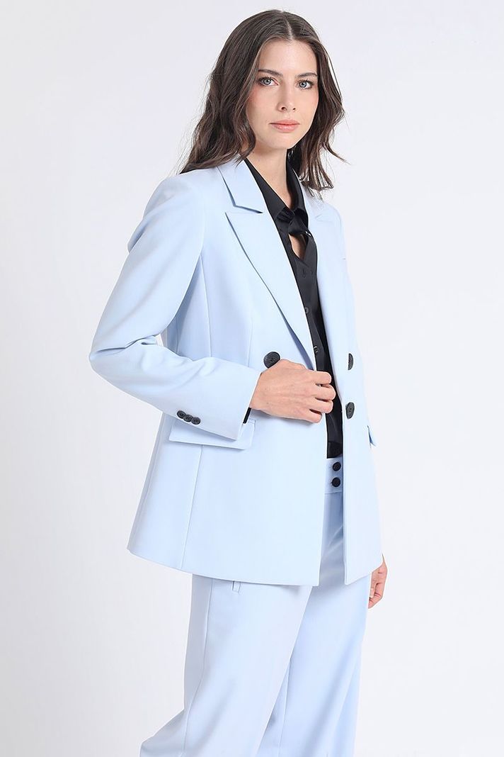 Blazer Entallado Cruzado, Boton Contraste, Celeste Liola-3