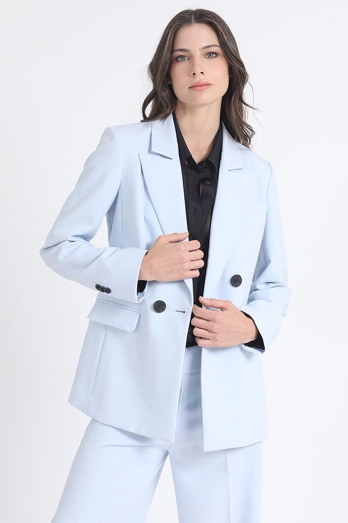Blazer Entallado Cruzado, Boton Contraste, Celeste Liola-5