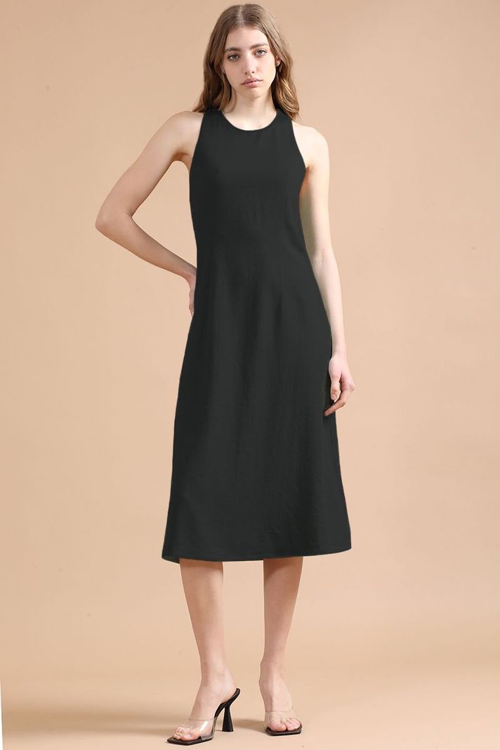 Vestido Midi Con Lino, Negro Liola-0