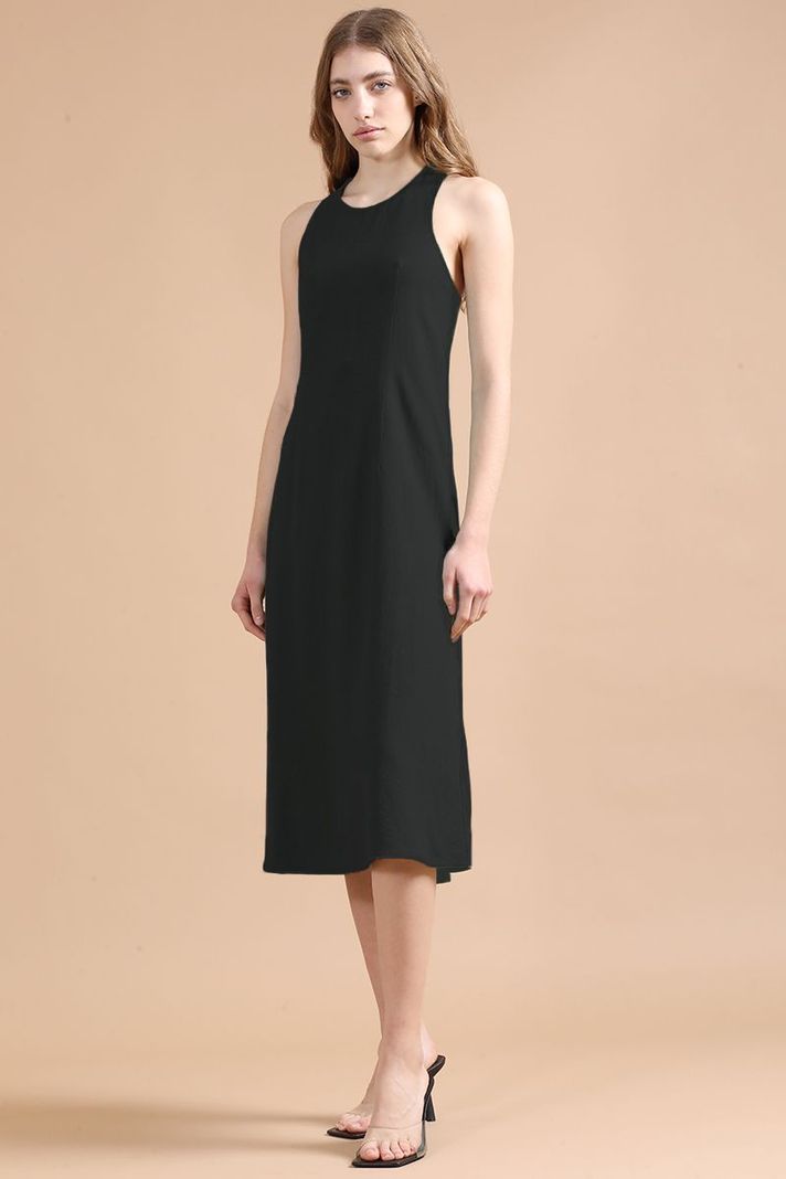 Vestido Midi Con Lino, Negro Liola-1