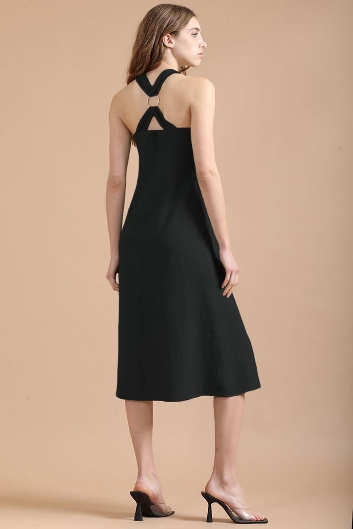 Vestido Midi Con Lino, Negro Liola-3