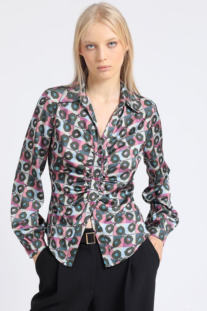 Blusa Satin Estampado Retro, Recogido, Rosa Liola-0