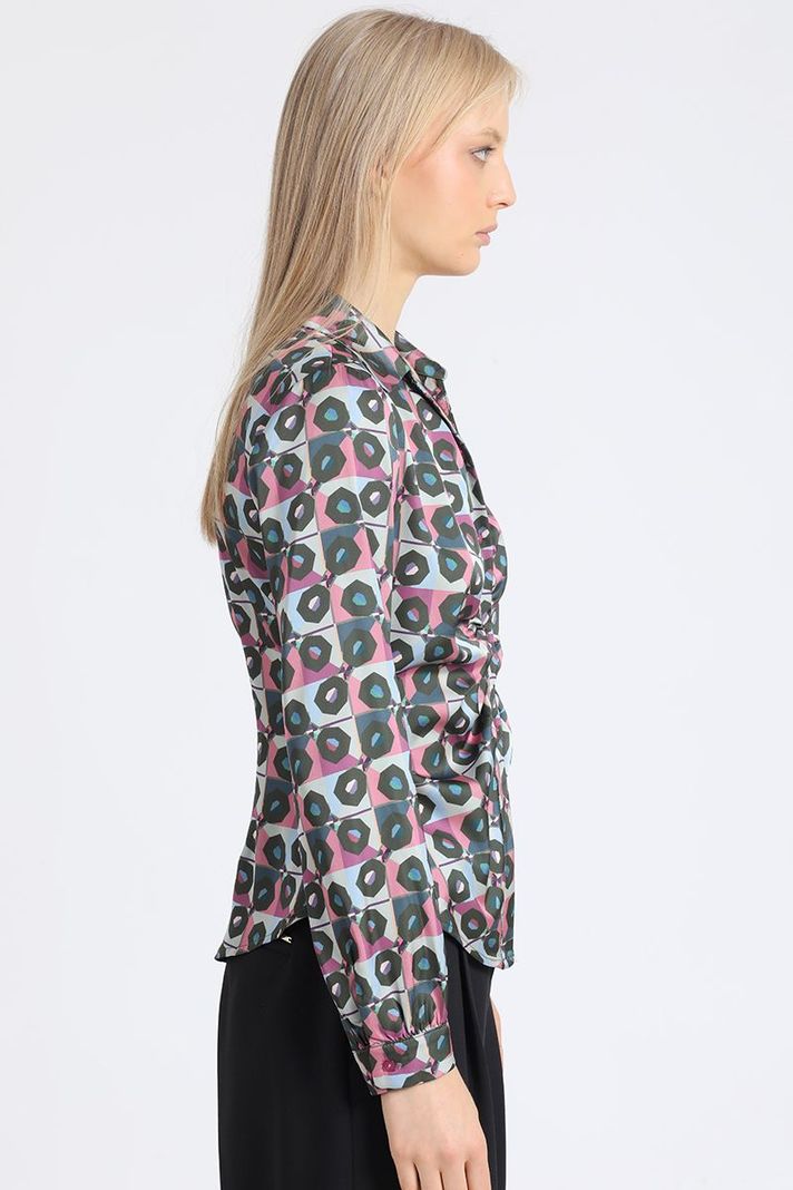 Blusa Satin Estampado Retro, Recogido, Rosa Liola-2