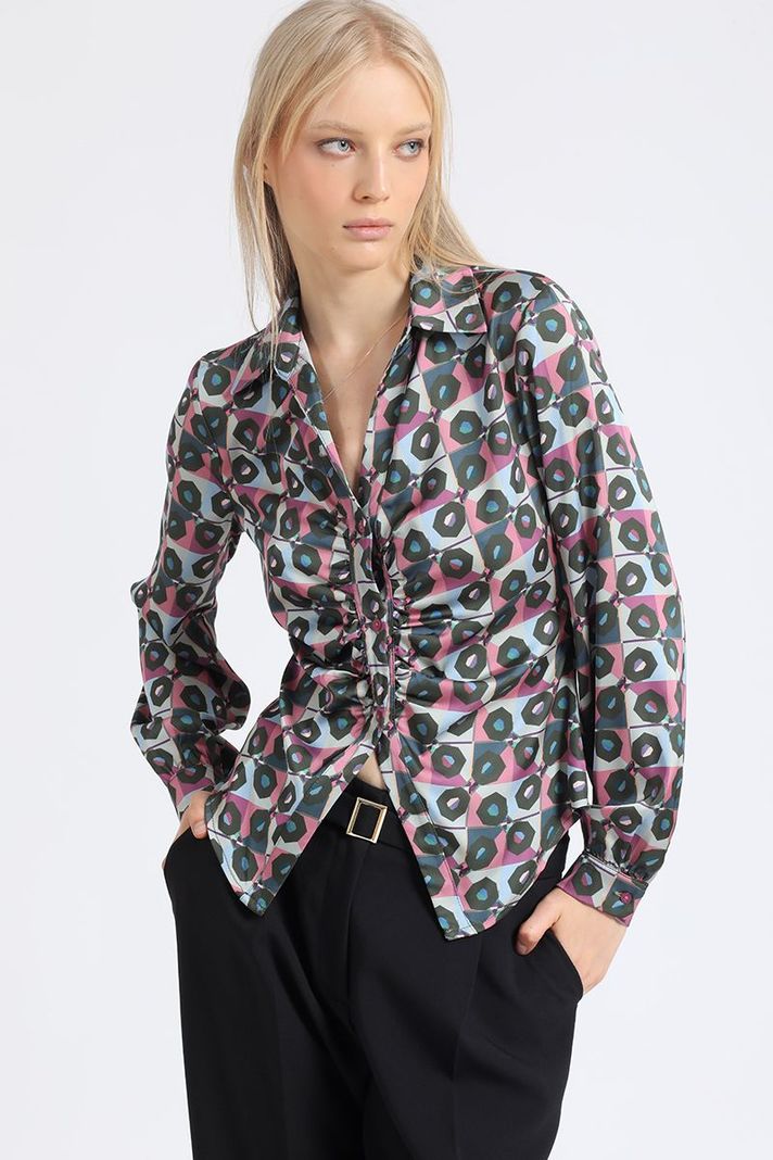 Blusa Satin Estampado Retro, Recogido, Rosa Liola-3