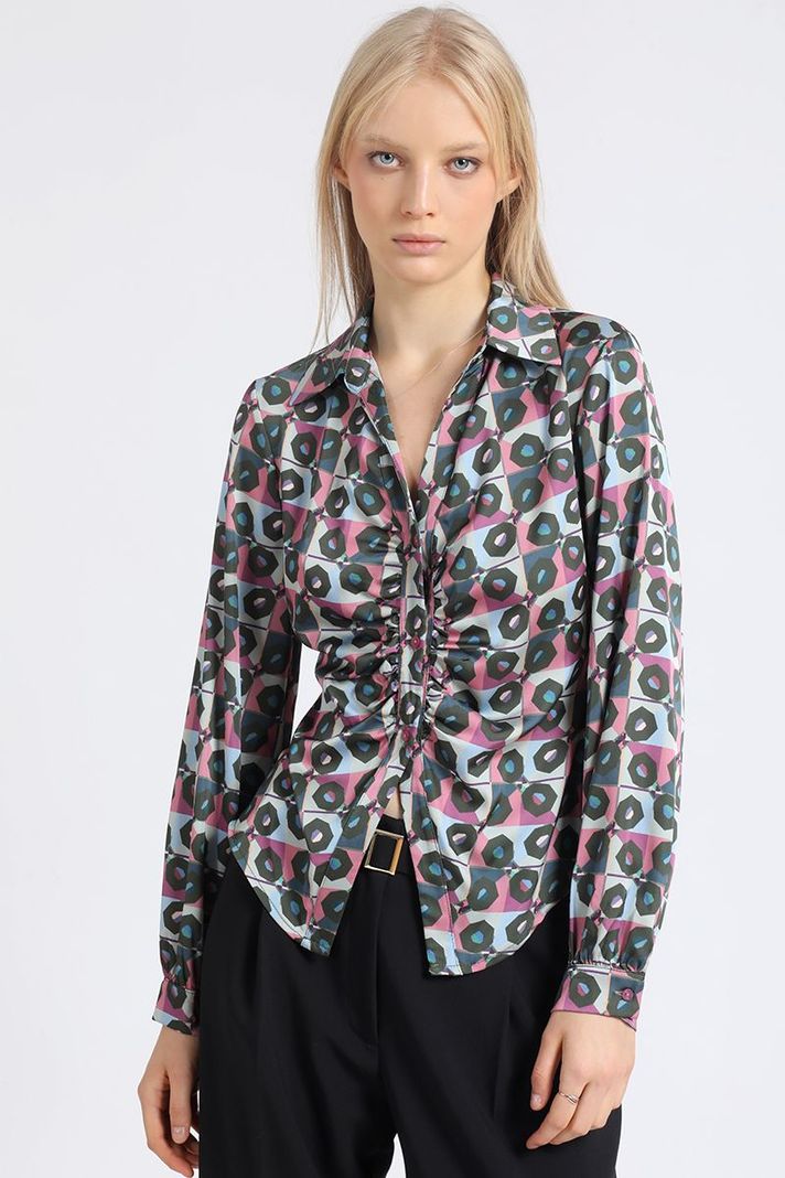 Blusa Satin Estampado Retro, Recogido, Rosa Liola-4