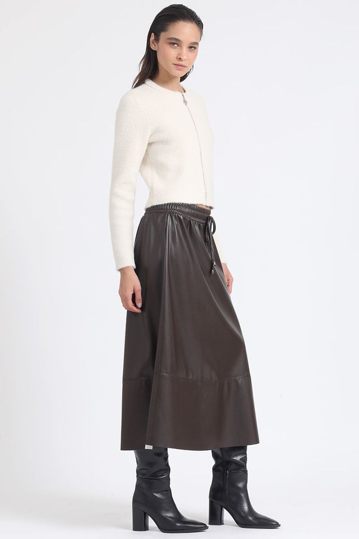 Falda Amplia Midi Efecto Cuero, Cafe Liola-0