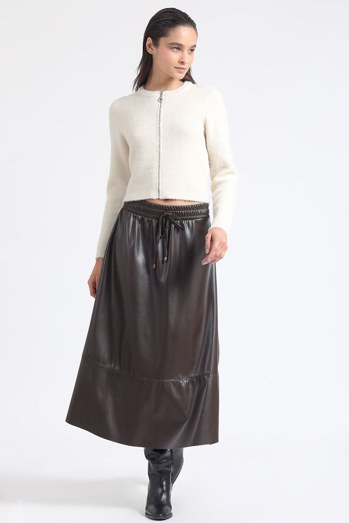 Falda Amplia Midi Efecto Cuero, Cafe Liola-1
