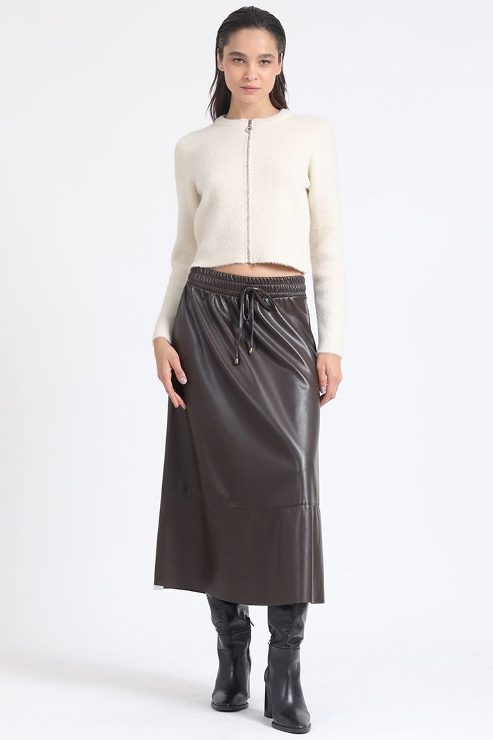 Falda Amplia Midi Efecto Cuero, Cafe Liola-2