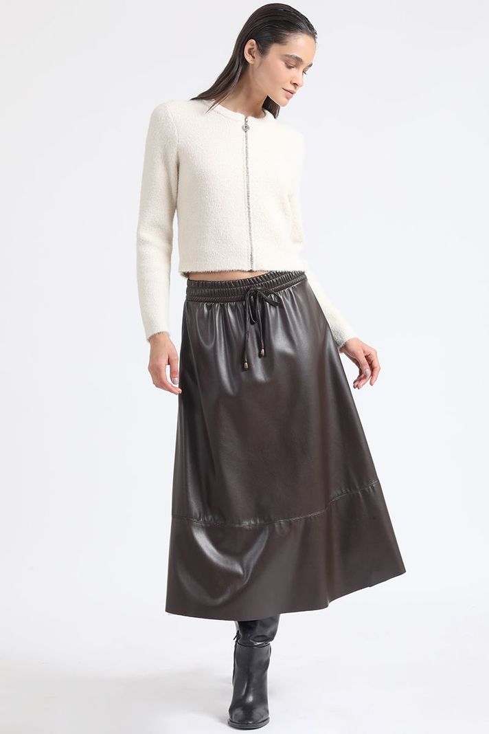 Falda Amplia Midi Efecto Cuero, Cafe Liola-3