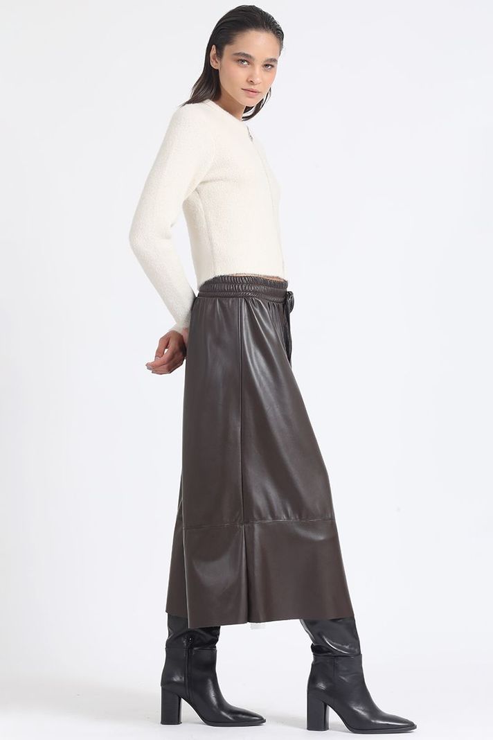 Falda Amplia Midi Efecto Cuero, Cafe Liola-4
