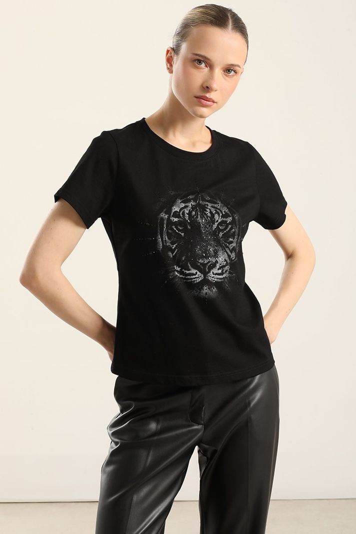 Polera Algodon, Tigre Strass, Negro Liola