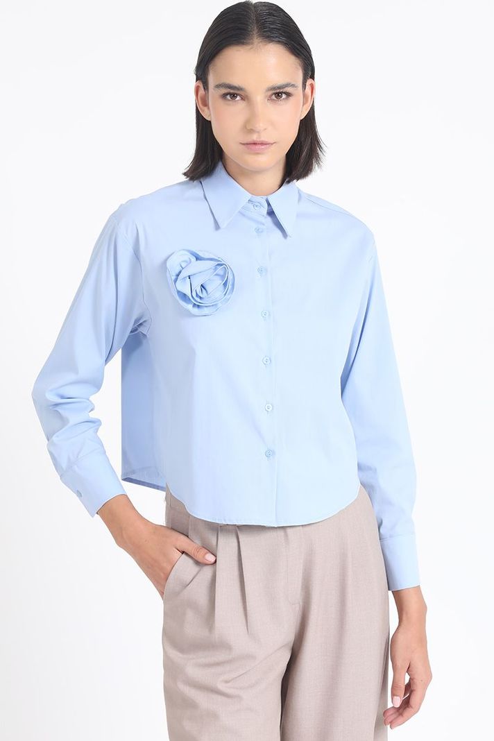 Camisa Poplin Algodón, Aplicación Flor, Celeste Liola-0