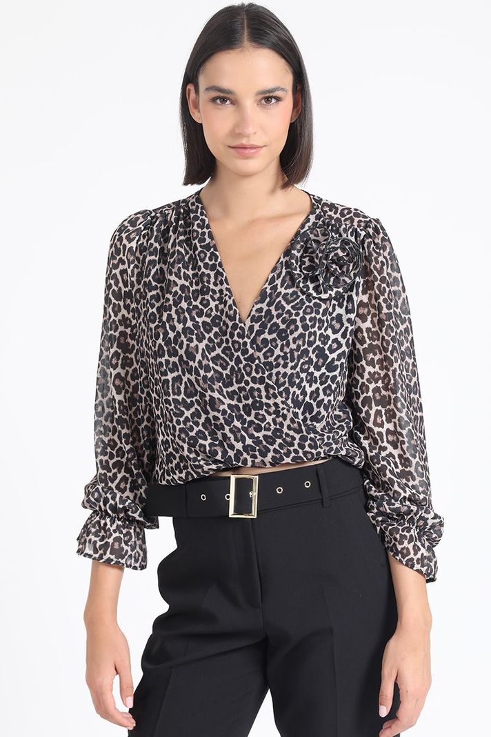 Blusa, Aplicación Flor, Gasa Estampada Leopardo, Negro Liola-0