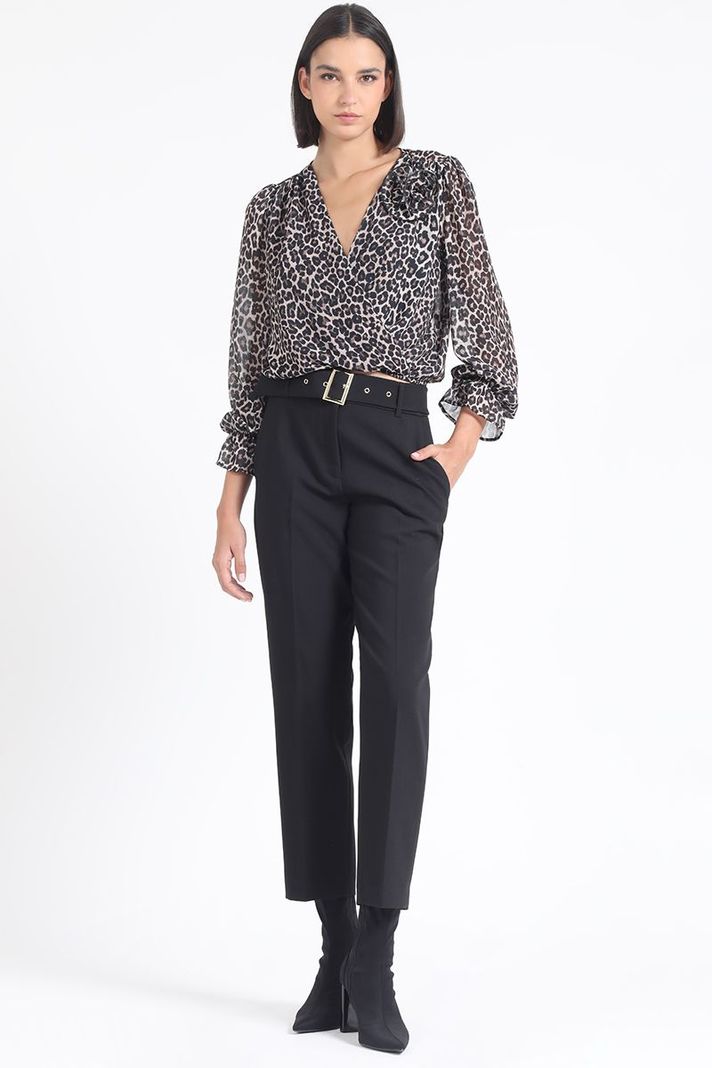 Blusa, Aplicación Flor, Gasa Estampada Leopardo, Negro Liola-1