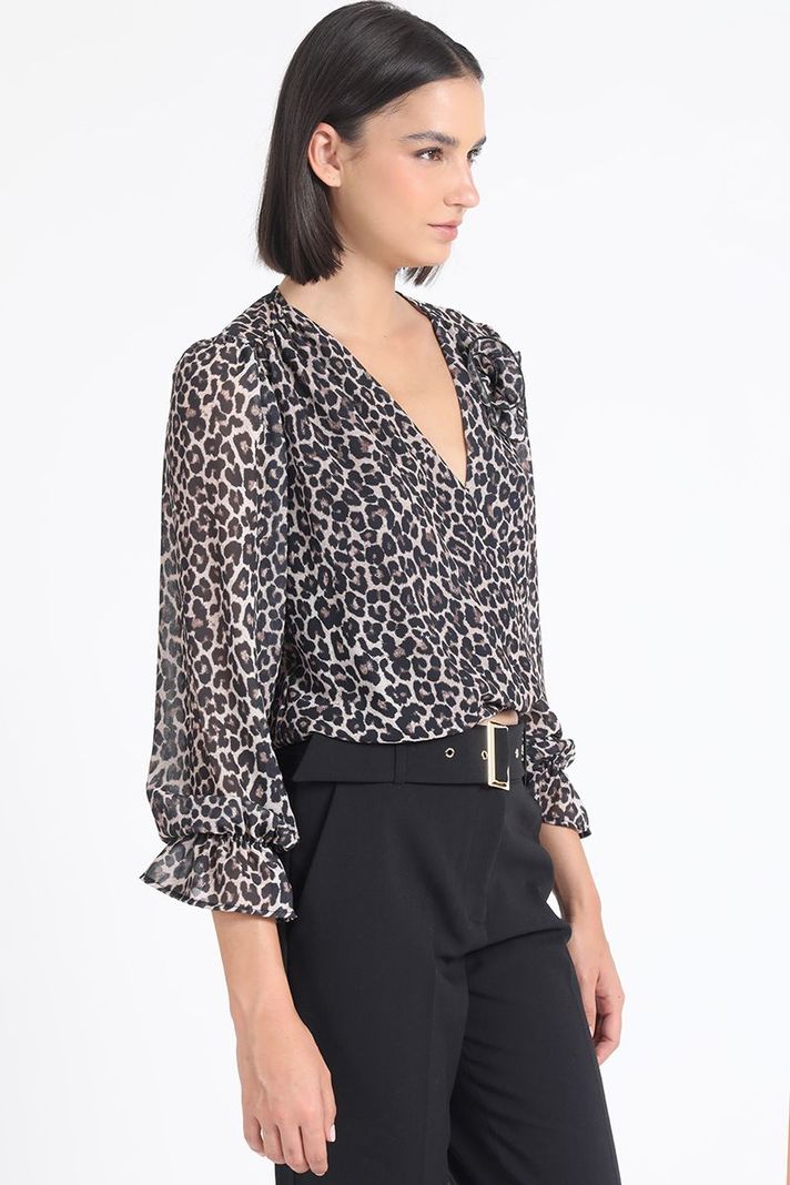Blusa, Aplicación Flor, Gasa Estampada Leopardo, Negro Liola-3