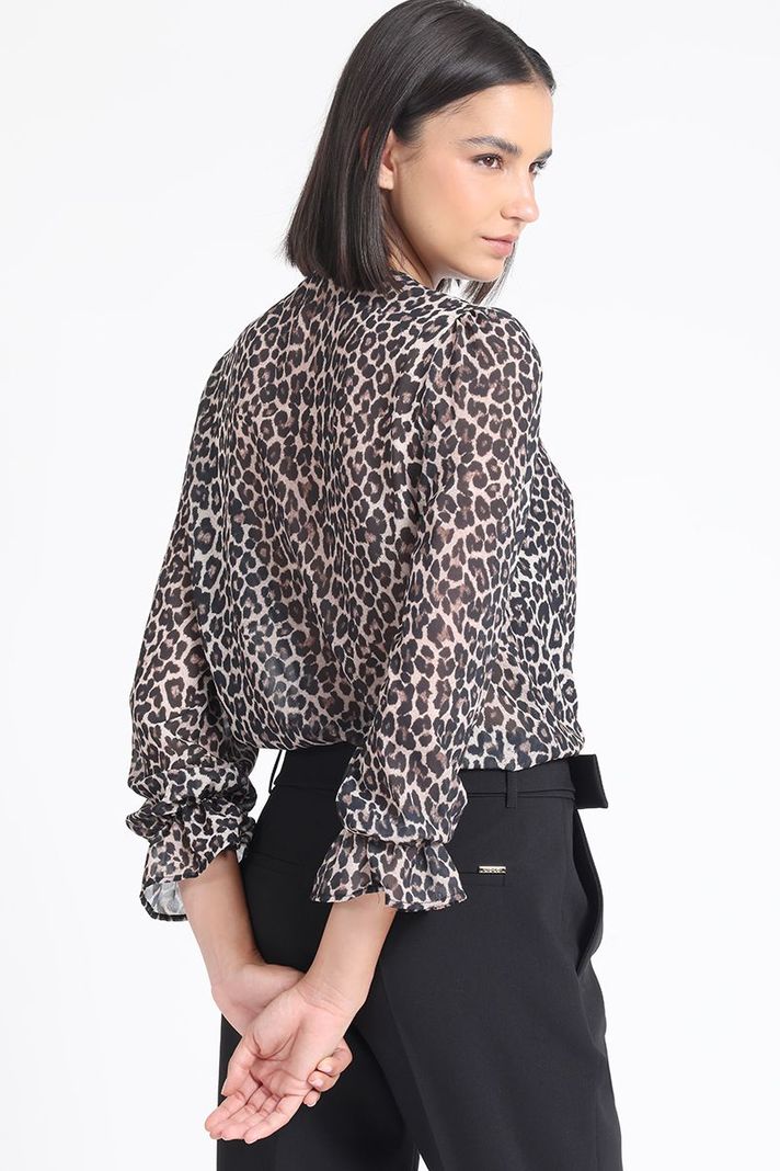 Blusa, Aplicación Flor, Gasa Estampada Leopardo, Negro Liola-4
