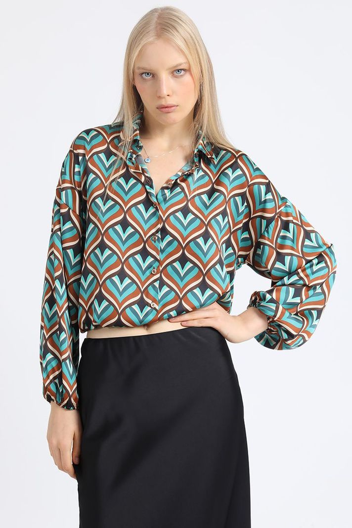 Blusa Crop Satin Estampado Retro, Café Liola-0