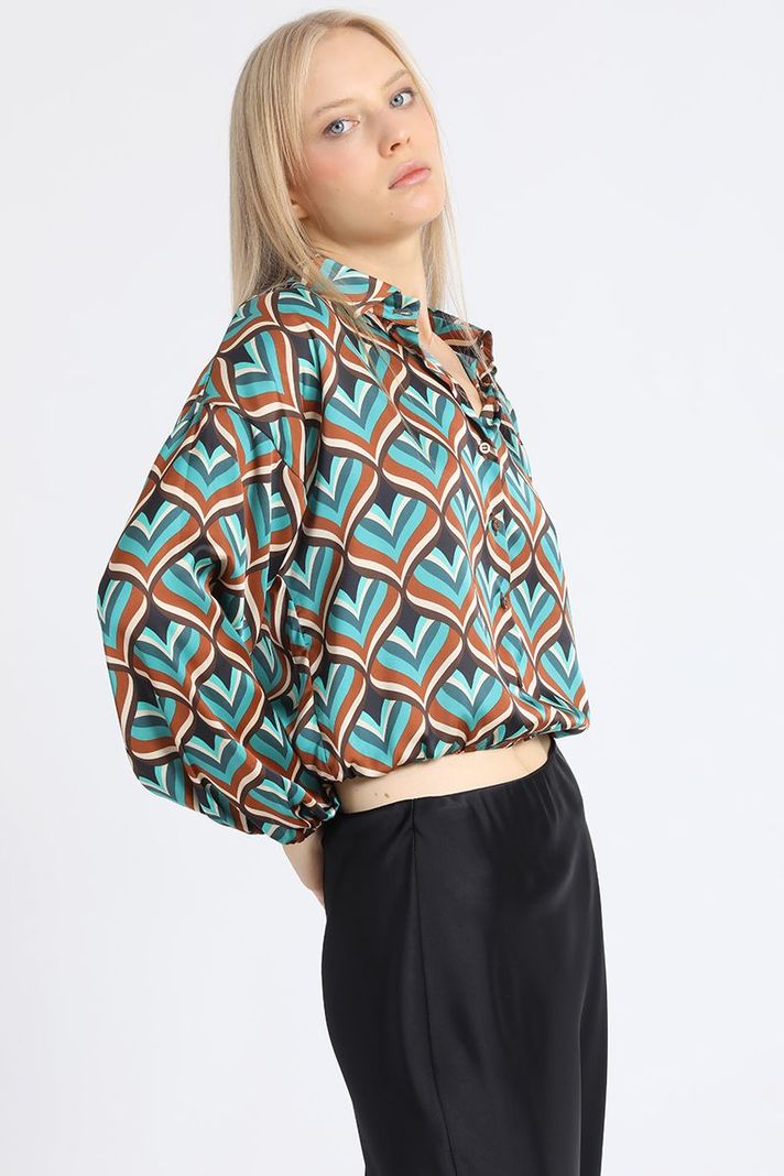 Blusa Crop Satin Estampado Retro, Café Liola-4