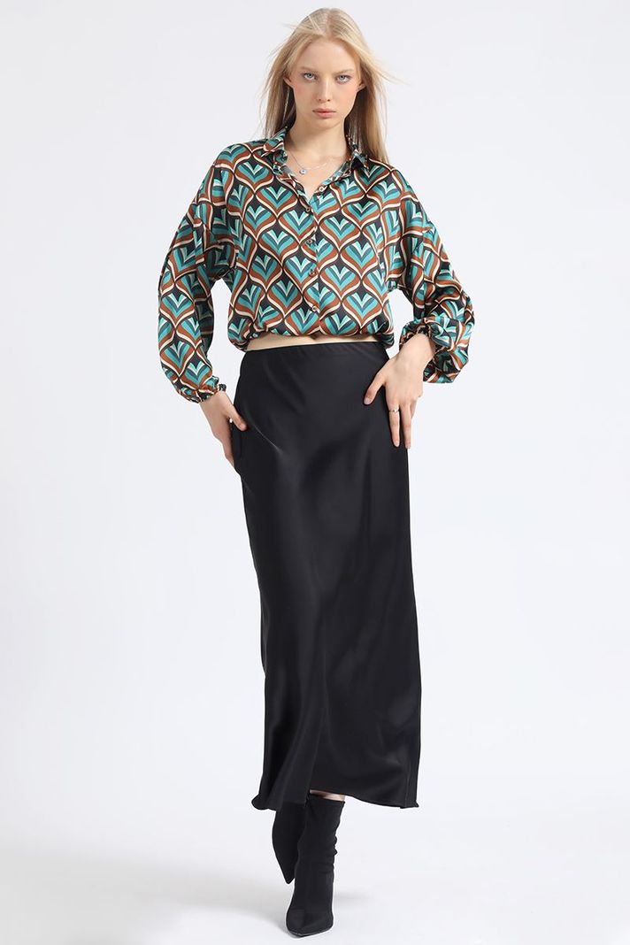 Blusa Crop Satin Estampado Retro, Café Liola-5
