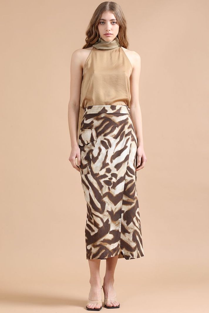 Falda Midi Con Lino, Animal Print, Café Liola-0
