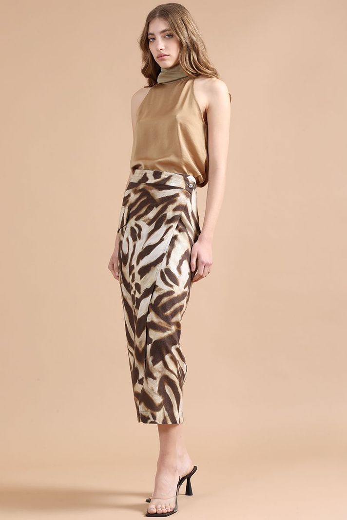 Falda Midi Con Lino, Animal Print, Café Liola-1