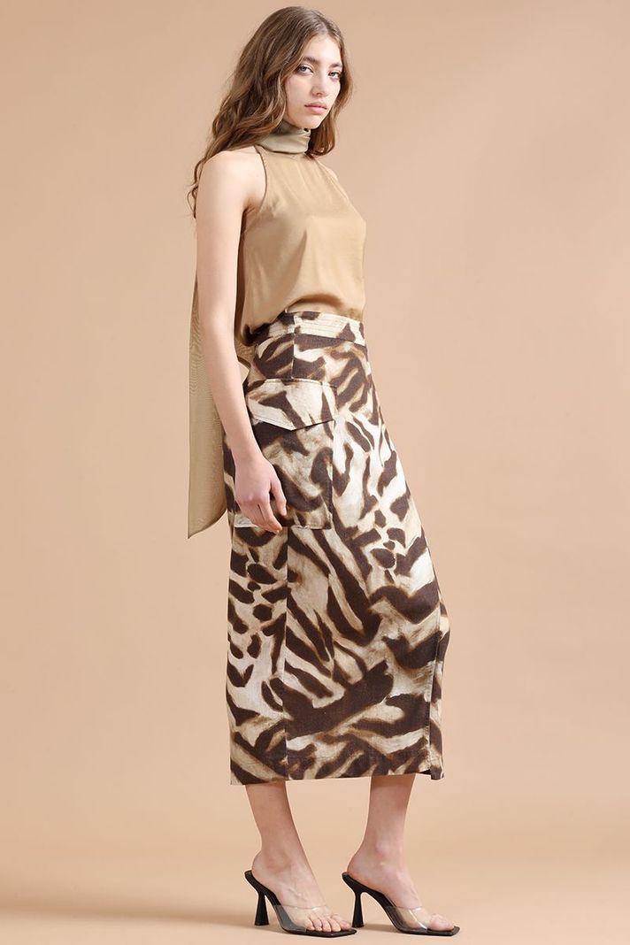 Falda Midi Con Lino, Animal Print, Café Liola-3