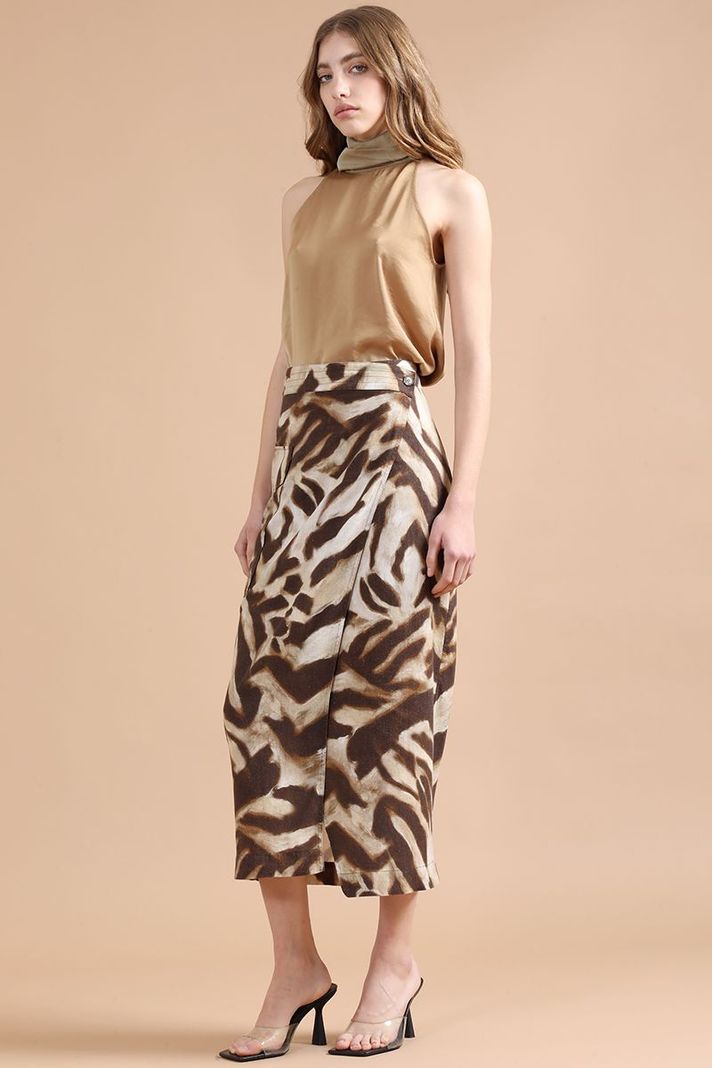 Falda Midi Con Lino, Animal Print, Café Liola-4