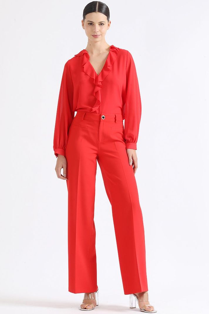Pantalon Ancho, Tiro Medio, Boton Joya, Rojo Liola-0