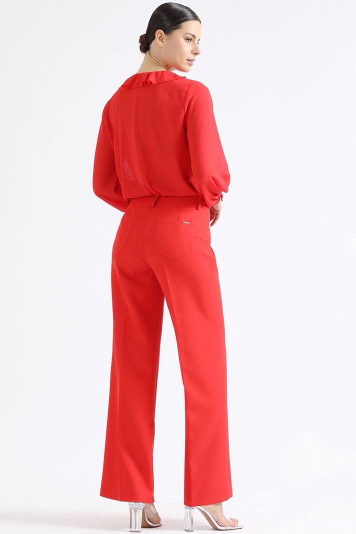 Pantalon Ancho, Tiro Medio, Boton Joya, Rojo Liola-3