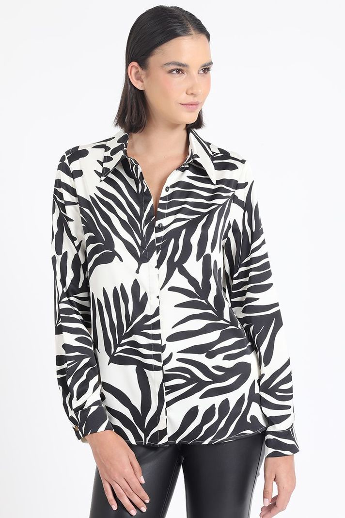 Camisa Satin Estampado Bicolor Hojas, Negro Liola-0