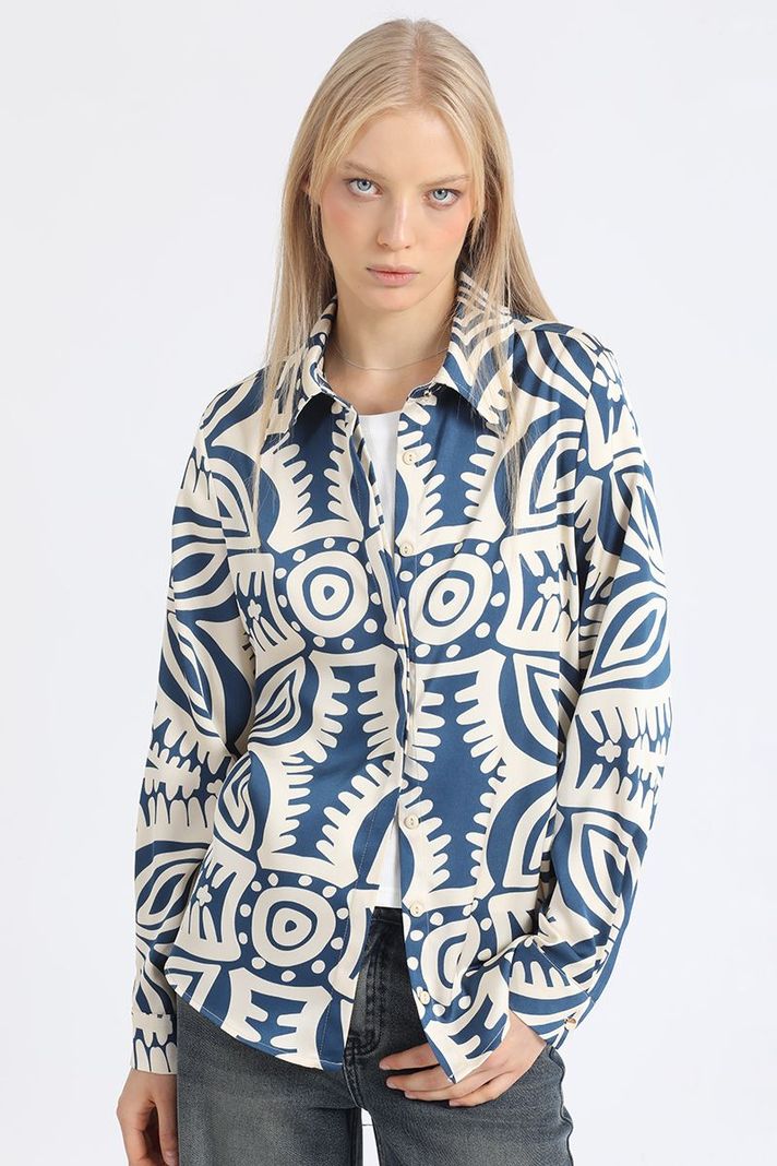 Camisa Satin Estampado Bicolor Boho, Azul Liola-0