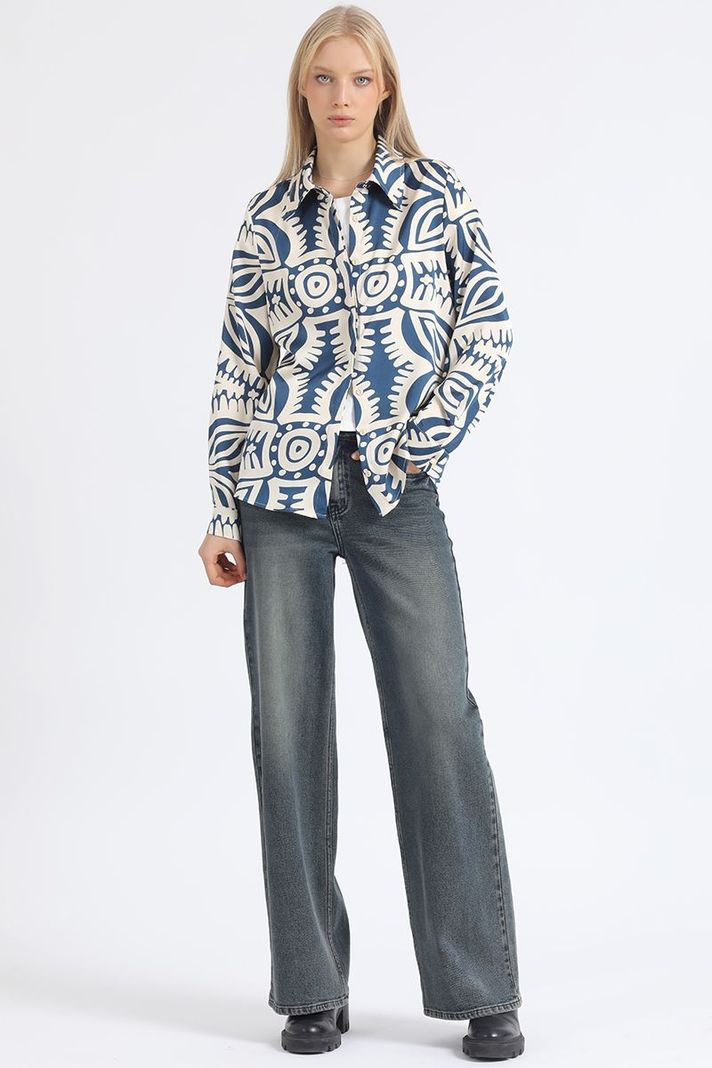 Camisa Satin Estampado Bicolor Boho, Azul Liola-1