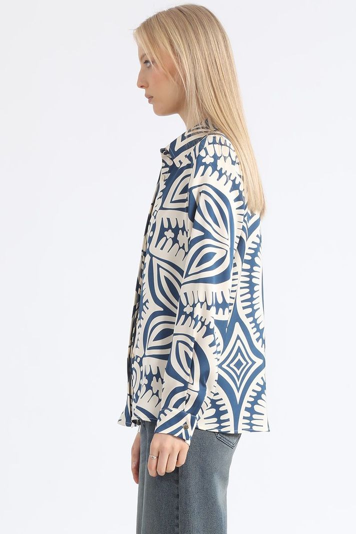 Camisa Satin Estampado Bicolor Boho, Azul Liola-2