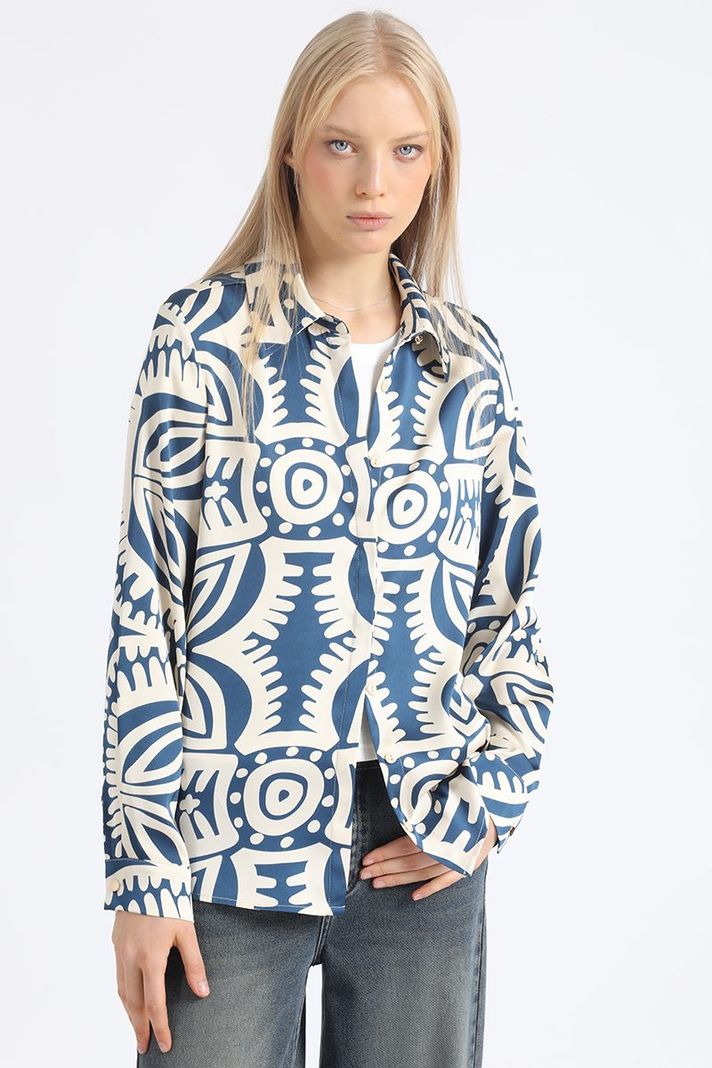 Camisa Satin Estampado Bicolor Boho, Azul Liola-3
