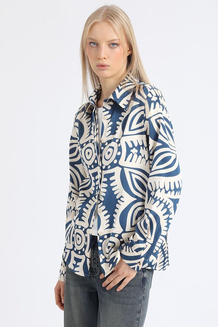 Camisa Satin Estampado Bicolor Boho, Azul Liola-4