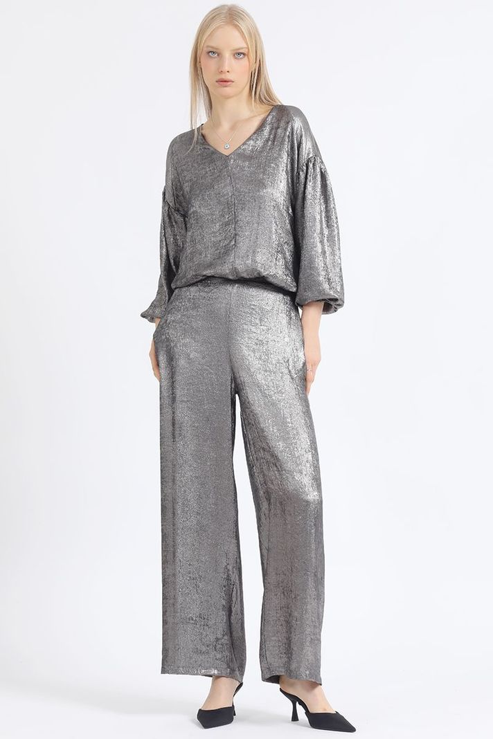 Pantalon Ancho, Folia Metalizada, Gris Liola-0
