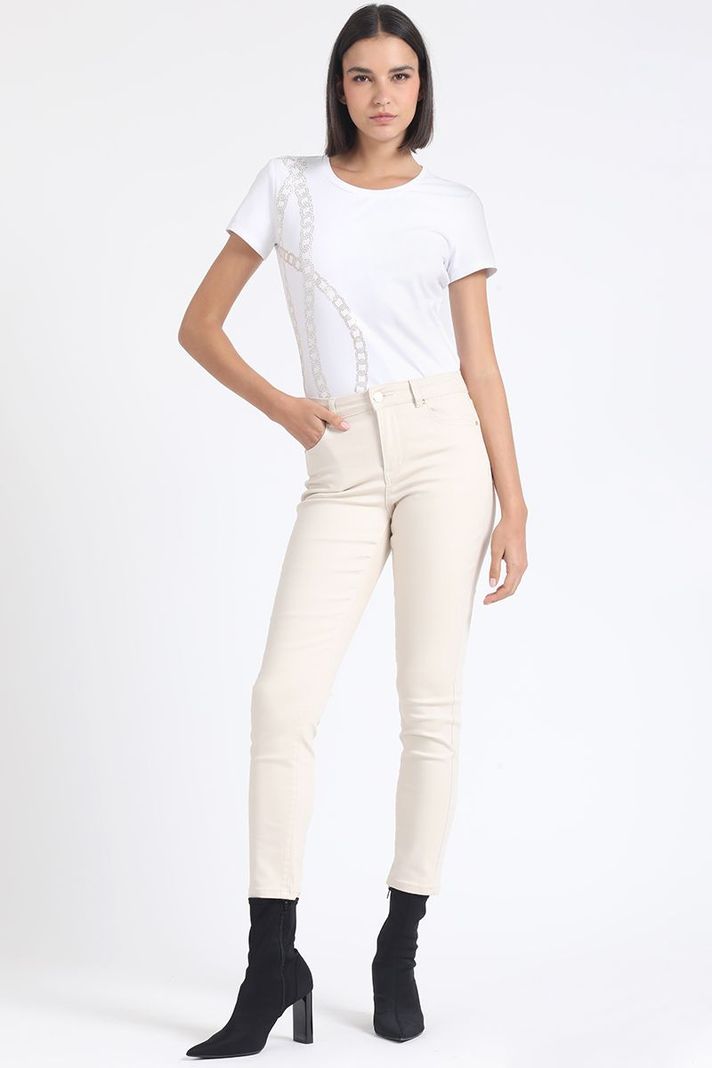 Jeans Skinny Color, Tiro Medio, Con Bordado, Beige Liola-0