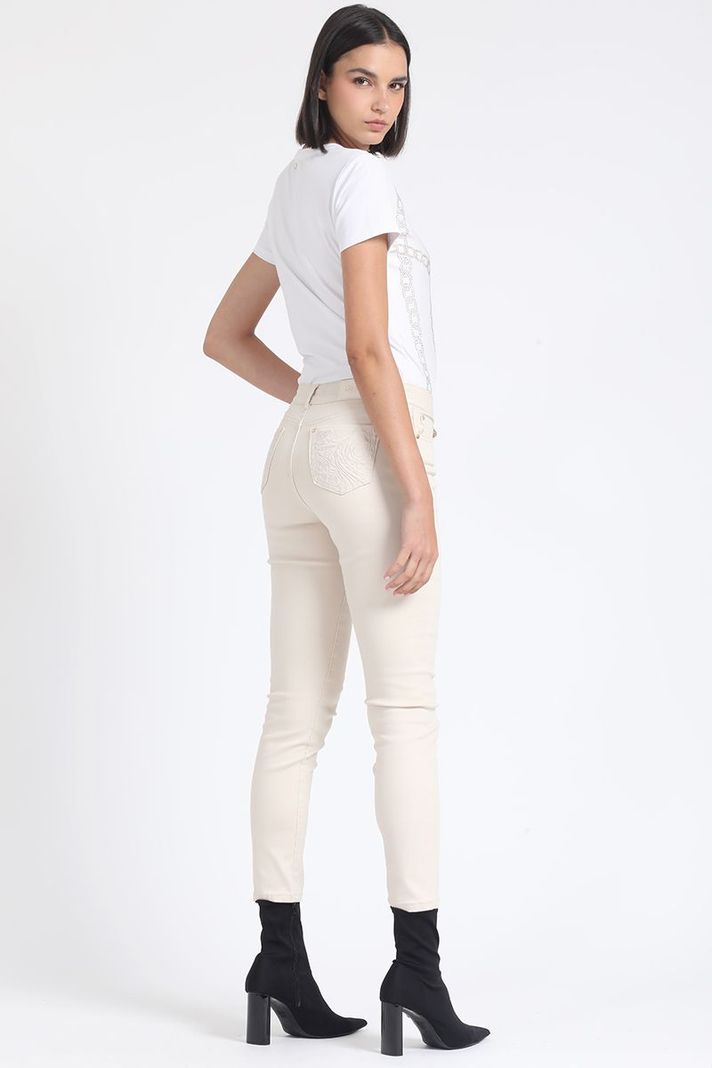 Jeans Skinny Color, Tiro Medio, Con Bordado, Beige Liola-1
