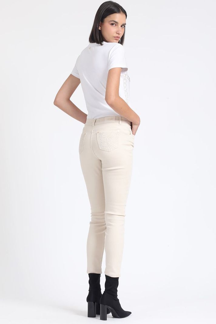 Jeans Skinny Color, Tiro Medio, Con Bordado, Beige Liola-2