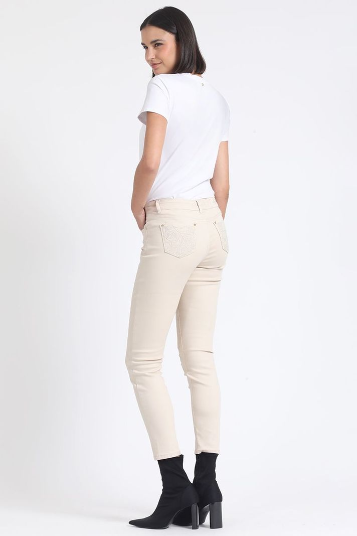 Jeans Skinny Color, Tiro Medio, Con Bordado, Beige Liola-3
