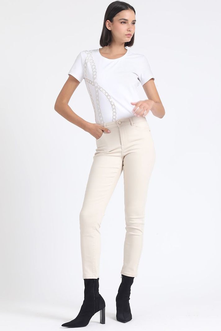 Jeans Skinny Color, Tiro Medio, Con Bordado, Beige Liola-4