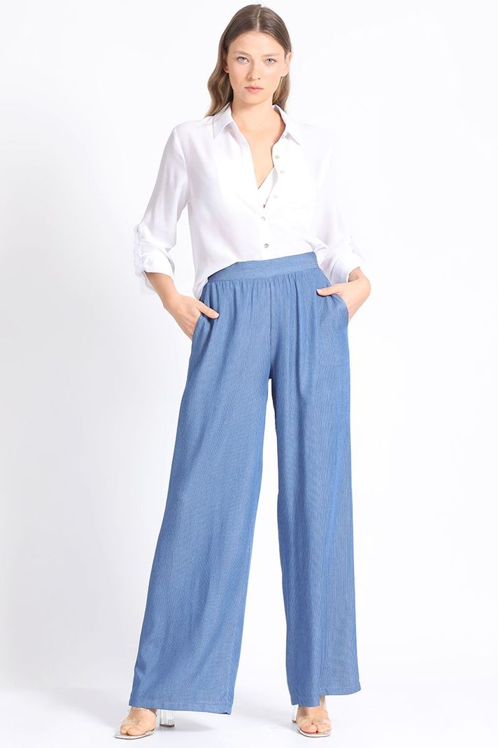 Pantalon Ancho Chambray Listado, Azul Liola-0