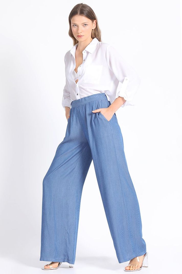 Pantalon Ancho Chambray Listado, Azul Liola-1