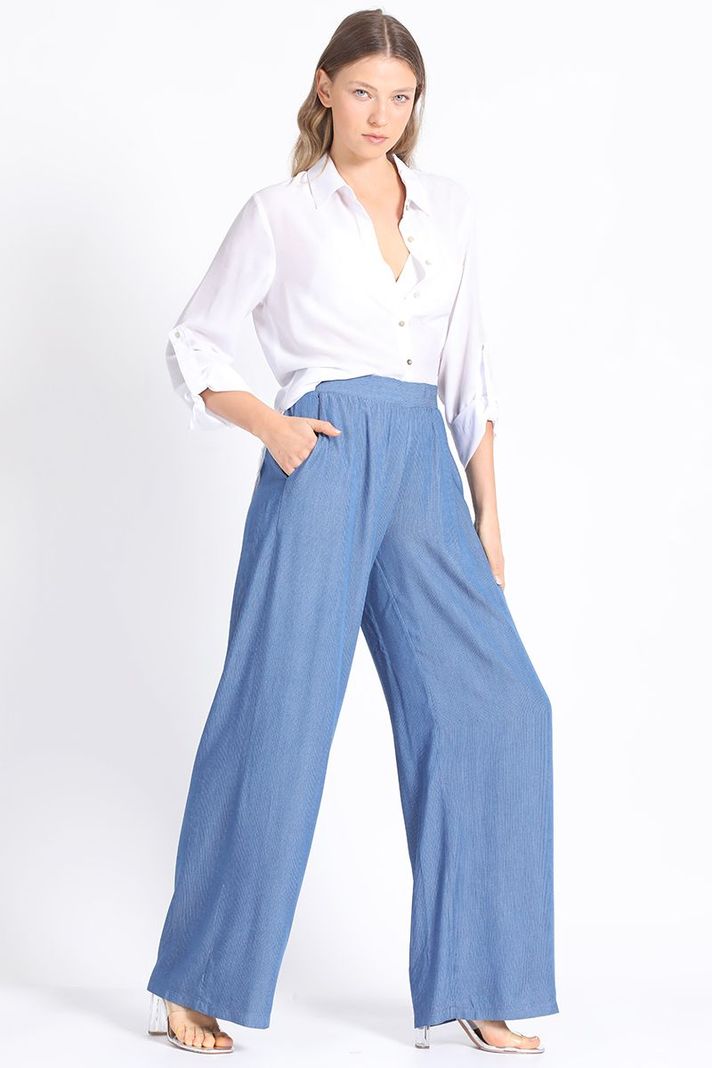 Pantalon Ancho Chambray Listado, Azul Liola-2