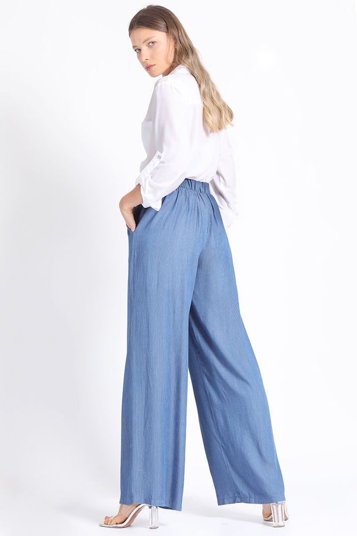 Pantalon Ancho Chambray Listado, Azul Liola-4